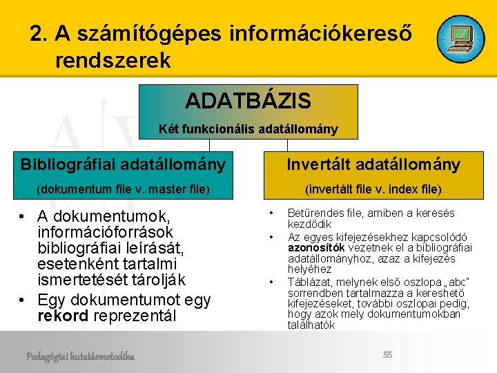 2. A számítógépes információkereső rendszerek ADATBÁZIS Két funkcionális adatállomány Bibliográfiai adatállomány Invertált adatállomány (dokumentum