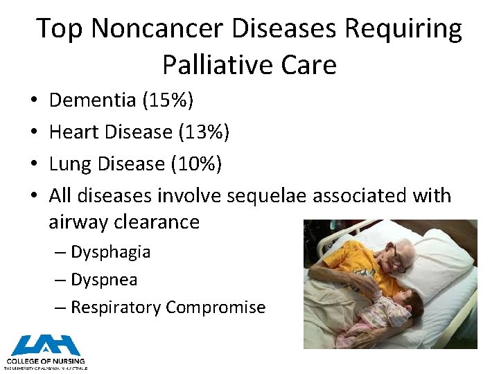 Top Noncancer Diseases Requiring Palliative Care • • Dementia (15%) Heart Disease (13%) Lung