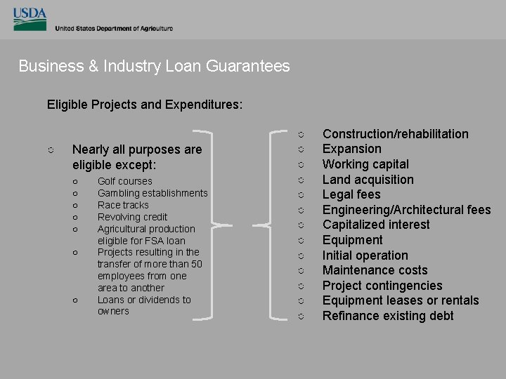 Business & Industry Loan Guarantees Eligible Projects and Expenditures: ○ Nearly all purposes are