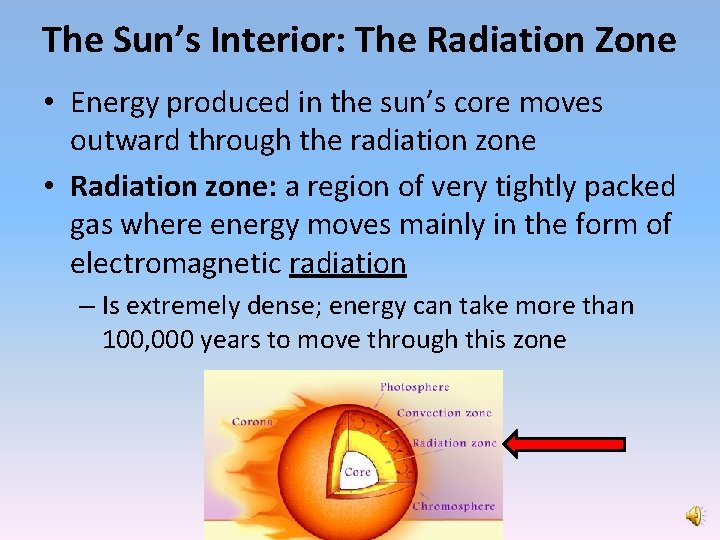 The Sun’s Interior: The Radiation Zone • Energy produced in the sun’s core moves