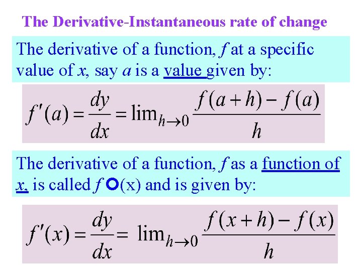 The Derivative-Instantaneous rate of change The derivative of a function, f at a specific