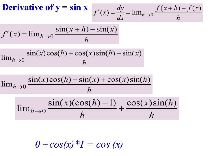 Derivative of y = sin x 0 +cos(x)*1 = cos (x) 