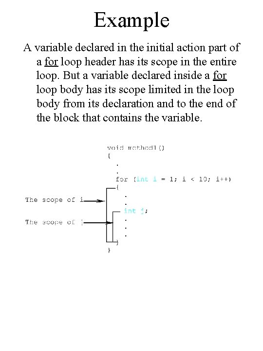 Example A variable declared in the initial action part of a for loop header Example A variable declared in the initial action part of a for loop header