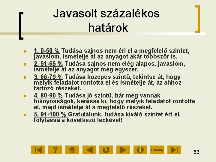 Javasolt százalékos határok 1. 0 50 % Tudása sajnos nem éri el a megfelelő