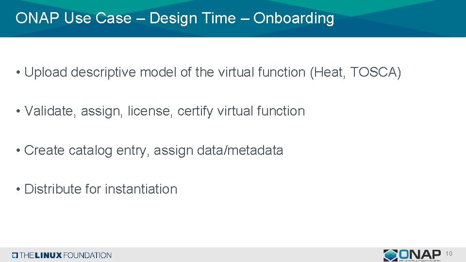 ONAP Use Case – Design Time – Onboarding • Upload descriptive model of the