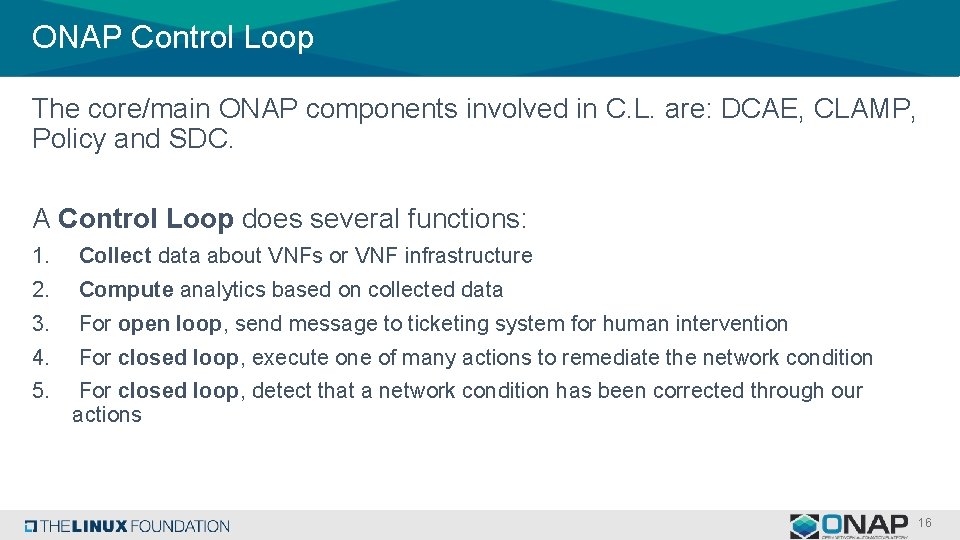 ONAP Control Loop The core/main ONAP components involved in C. L. are: DCAE, CLAMP,