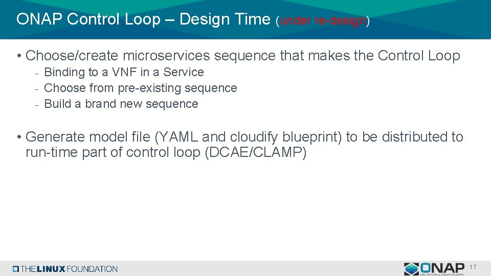 ONAP Control Loop – Design Time (under re-design) • Choose/create microservices sequence that makes