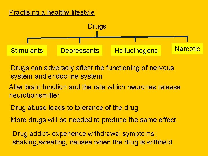 Practising a healthy lifestyle Drugs Stimulants Depressants Hallucinogens Narcotic Drugs can adversely affect the