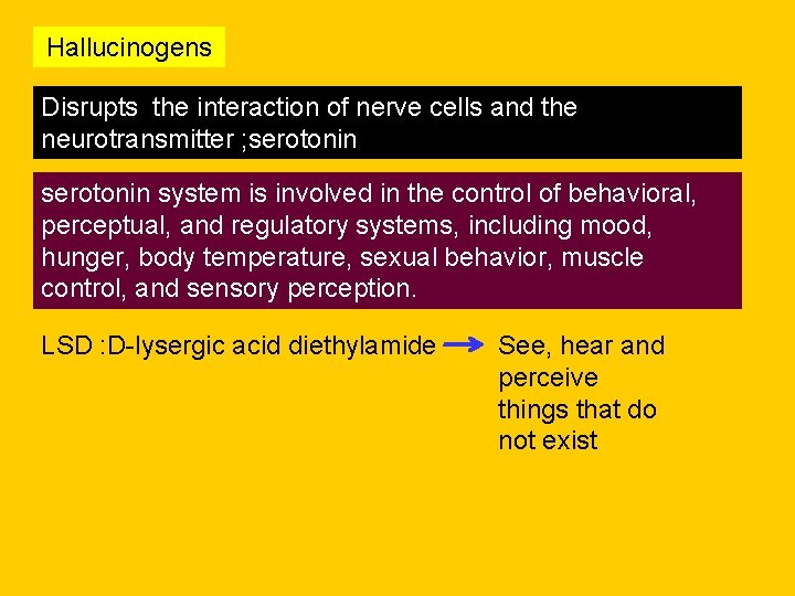 Hallucinogens Disrupts the interaction of nerve cells and the neurotransmitter ; serotonin system is