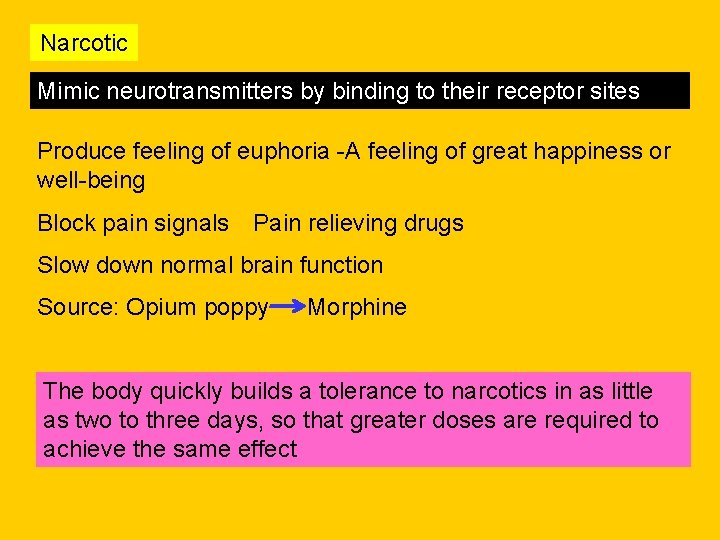 Narcotic Mimic neurotransmitters by binding to their receptor sites Produce feeling of euphoria -A