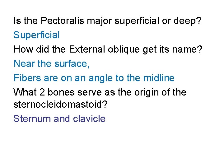 Is the Pectoralis major superficial or deep? Superficial How did the External oblique get