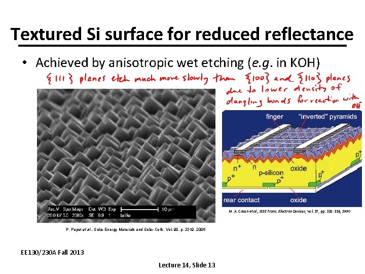 Textured Si surface for reduced reflectance • Achieved by anisotropic wet etching (e. g.