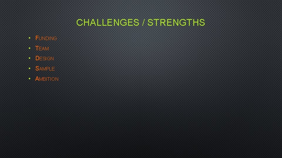 CHALLENGES / STRENGTHS • FUNDING • TEAM • DESIGN • SAMPLE • AMBITION 