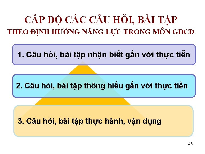 CẤP ĐỘ CÁC C U HỎI, BÀI TẬP THEO ĐỊNH HƯỚNG NĂNG LỰC TRONG