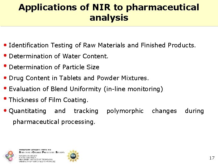 Applications of NIR to pharmaceutical analysis Identification Testing of Raw Materials and Finished Products.