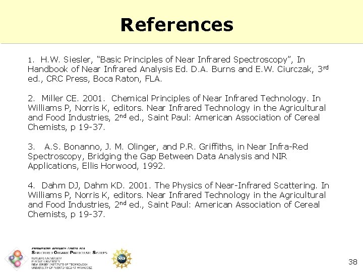 References 1. H. W. Siesler, “Basic Principles of Near Infrared Spectroscopy”, In Handbook of