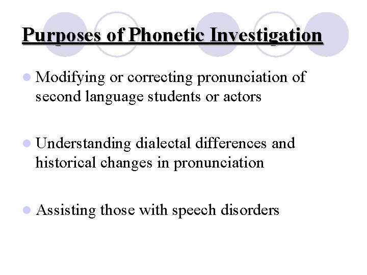 Purposes of Phonetic Investigation l Modifying or correcting pronunciation of second language students or