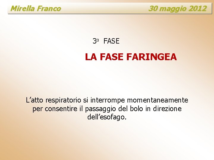 Mirella Franco 30 maggio 2012 3 a FASE LA FASE FARINGEA L’atto respiratorio si