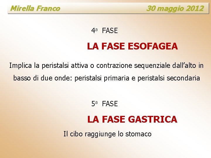 Mirella Franco 30 maggio 2012 4 a FASE LA FASE ESOFAGEA Implica la peristalsi