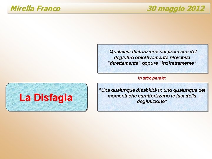 Mirella Franco 30 maggio 2012 “Qualsiasi disfunzione nel processo del deglutire obiettivamente rilevabile “direttamente”