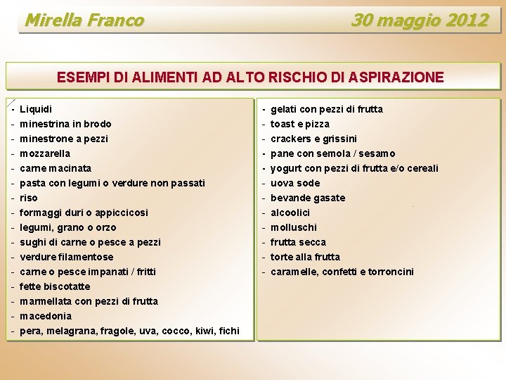 Mirella Franco 30 maggio 2012 ESEMPI DI ALIMENTI AD ALTO RISCHIO DI ASPIRAZIONE -