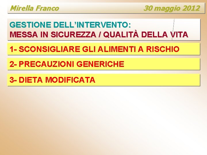 Mirella Franco 30 maggio 2012 GESTIONE DELL’INTERVENTO: MESSA IN SICUREZZA / QUALITÀ DELLA VITA