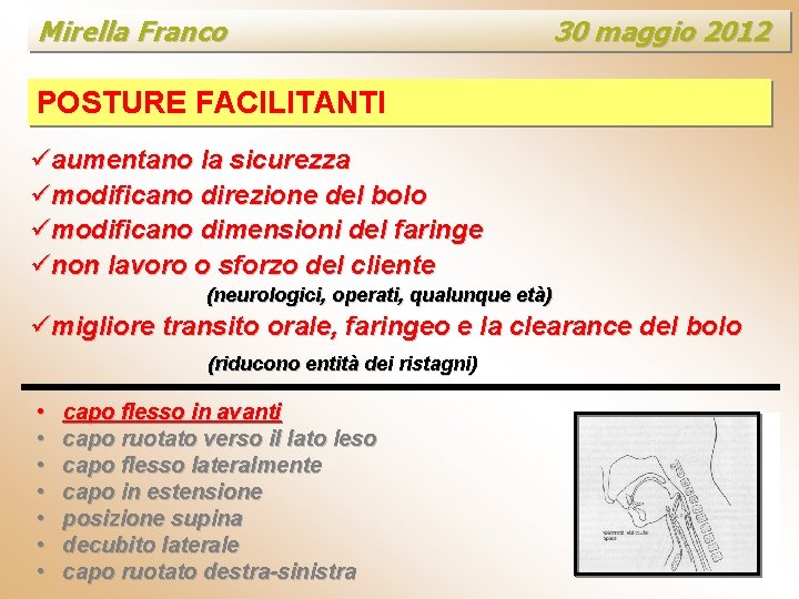 Mirella Franco 30 maggio 2012 POSTURE FACILITANTI üaumentano la sicurezza ümodificano direzione del bolo