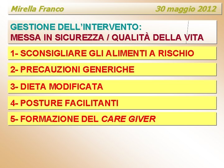 Mirella Franco 30 maggio 2012 GESTIONE DELL’INTERVENTO: MESSA IN SICUREZZA / QUALITÀ DELLA VITA