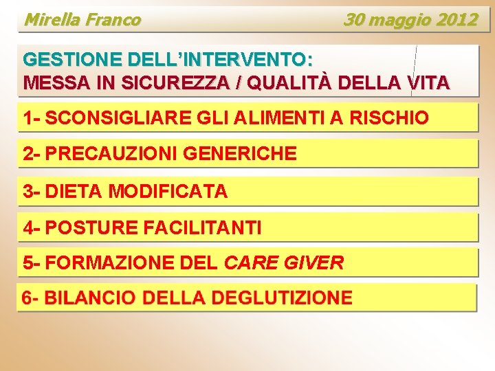 Mirella Franco 30 maggio 2012 GESTIONE DELL’INTERVENTO: MESSA IN SICUREZZA / QUALITÀ DELLA VITA