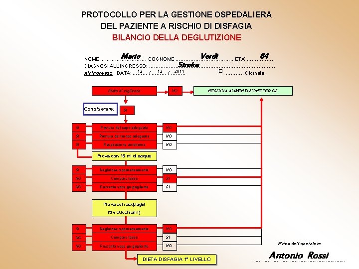 PROTOCOLLO PER LA GESTIONE OSPEDALIERA DEL PAZIENTE A RISCHIO DI DISFAGIA BILANCIO DELLA DEGLUTIZIONE