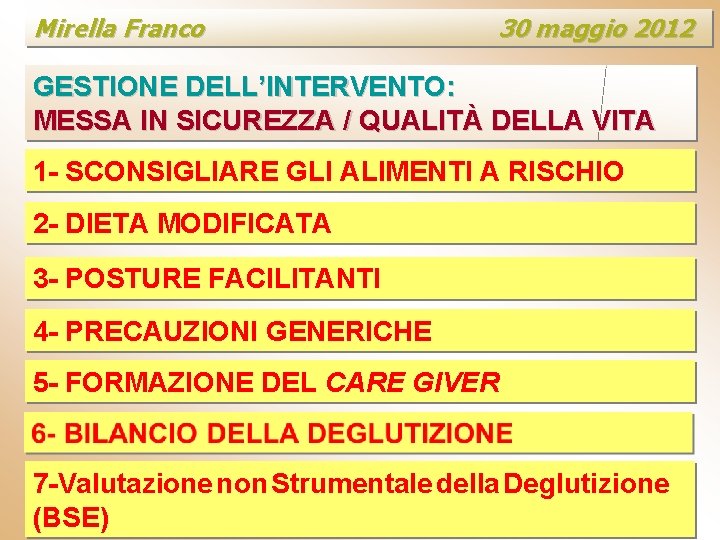 Mirella Franco 30 maggio 2012 GESTIONE DELL’INTERVENTO: MESSA IN SICUREZZA / QUALITÀ DELLA VITA