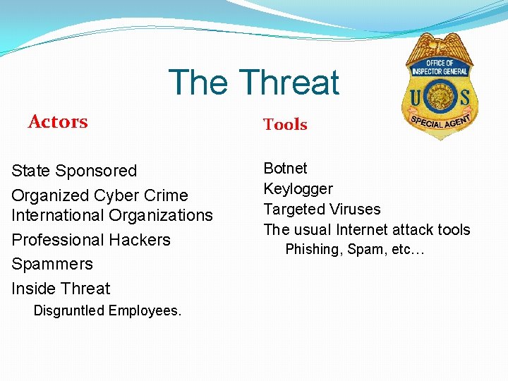 The Threat Actors State Sponsored Organized Cyber Crime International Organizations Professional Hackers Spammers Inside