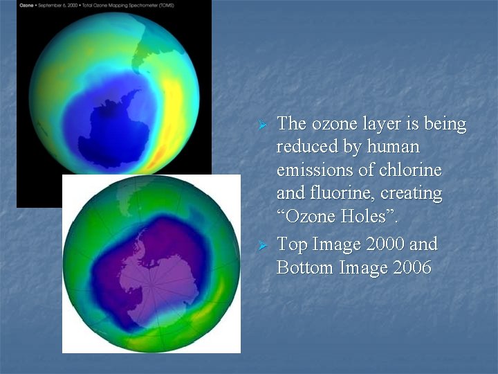 Ø Ø The ozone layer is being reduced by human emissions of chlorine and