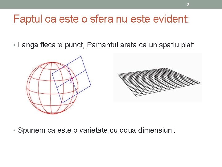 2 Faptul ca este o sfera nu este evident: • Langa fiecare punct, Pamantul