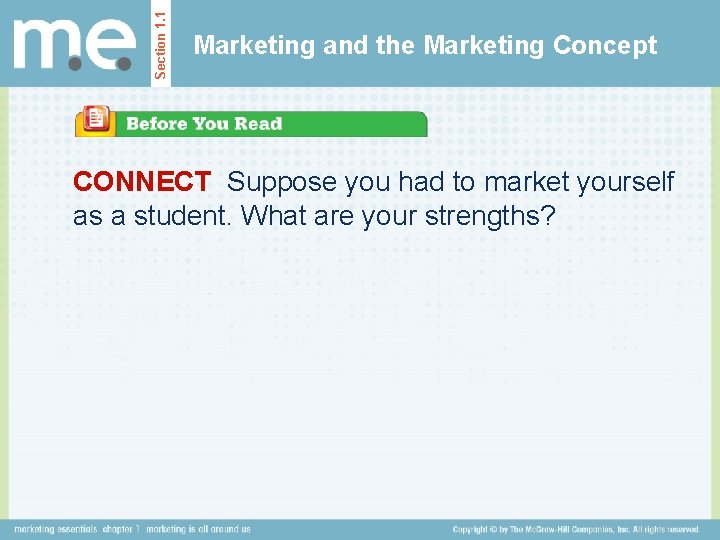 Section 1. 1 Marketing and the Marketing Concept CONNECT Suppose you had to market