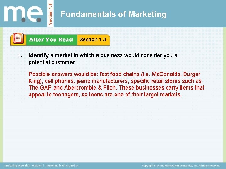 Section 1. 4 Fundamentals of Marketing Section 1. 3 1. Identify a market in