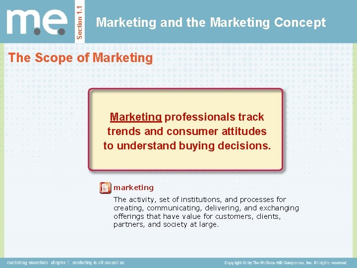 Section 1. 1 Marketing and the Marketing Concept The Scope of Marketing professionals track