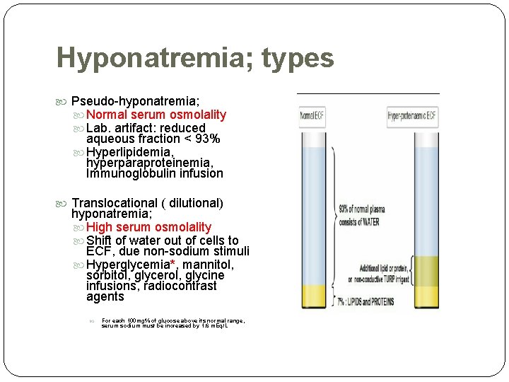 Hyponatremia; types Pseudo-hyponatremia; Normal serum osmolality Lab. artifact: reduced aqueous fraction < 93% Hyperlipidemia,