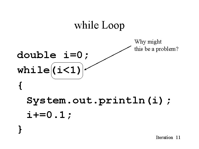 while Loop Why might this be a problem? double i=0; while(i<1) { System. out. while Loop Why might this be a problem? double i=0; while(i<1) { System. out.