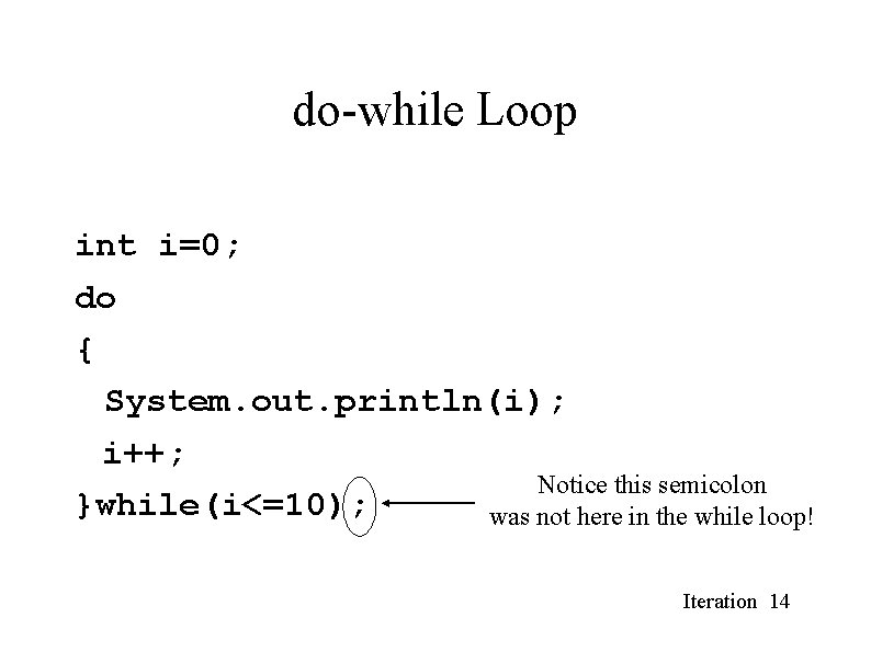 do-while Loop int i=0; do { System. out. println(i); i++; Notice this semicolon }while(i<=10); do-while Loop int i=0; do { System. out. println(i); i++; Notice this semicolon }while(i<=10);
