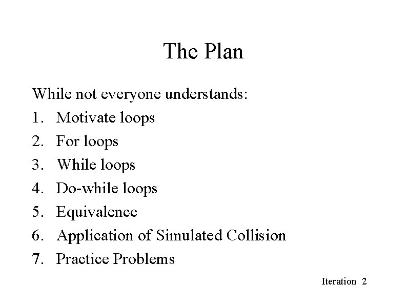The Plan While not everyone understands: 1. Motivate loops 2. For loops 3. While The Plan While not everyone understands: 1. Motivate loops 2. For loops 3. While