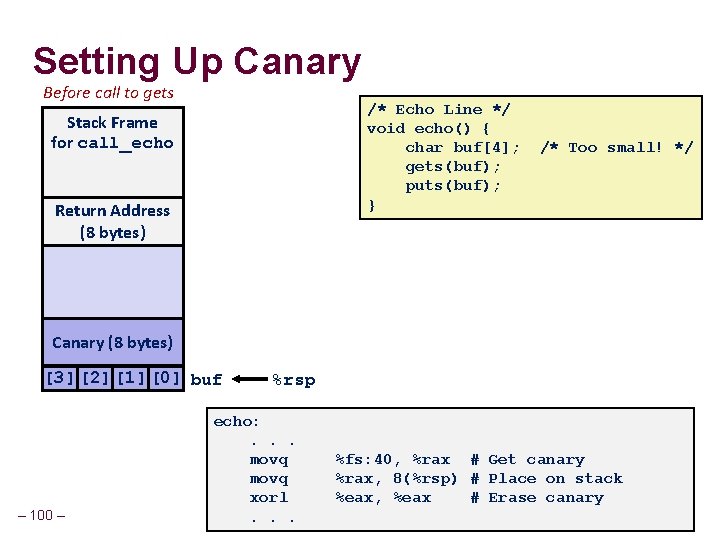 Setting Up Canary Before call to gets /* Echo Line */ void echo() { Setting Up Canary Before call to gets /* Echo Line */ void echo() {