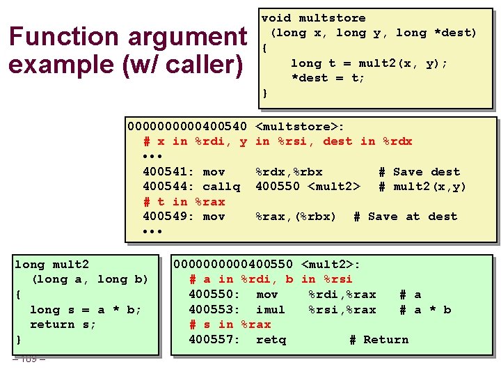 Function argument example (w/ caller) 00000400540 # x in %rdi, y • • • Function argument example (w/ caller) 00000400540 # x in %rdi, y • • •