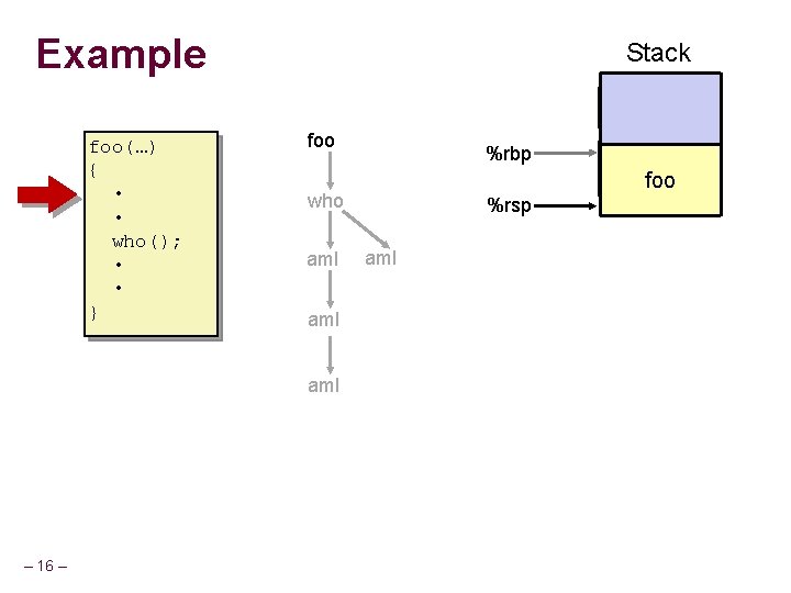 Example foo(…) { • • who(); • • } Stack foo foo who am. Example foo(…) { • • who(); • • } Stack foo foo who am.