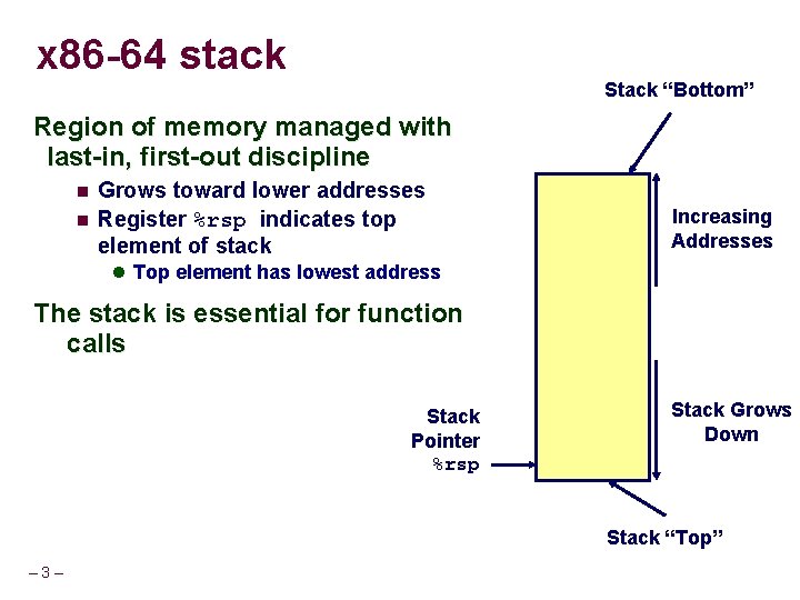 x 86 -64 stack Stack “Bottom” Region of memory managed with last-in, first-out discipline x 86 -64 stack Stack “Bottom” Region of memory managed with last-in, first-out discipline