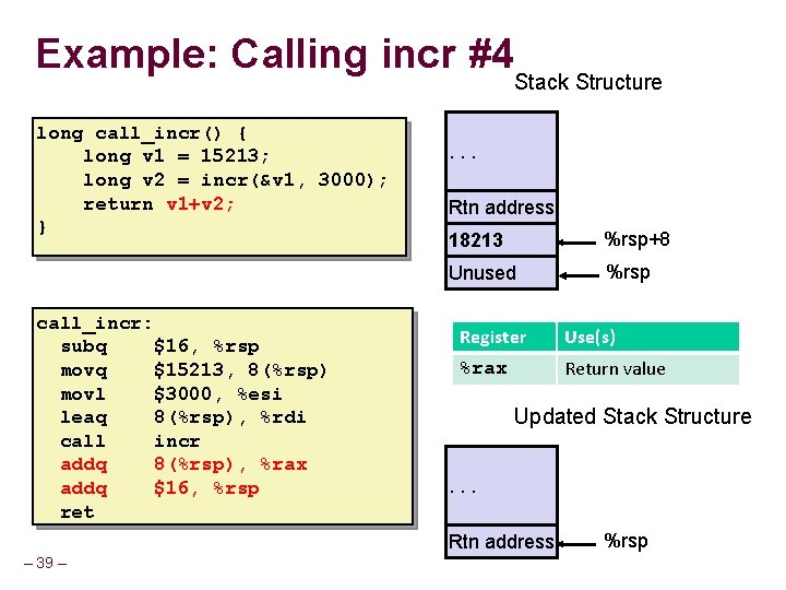 Example: Calling incr #4 Stack Structure long call_incr() { long v 1 = 15213; Example: Calling incr #4 Stack Structure long call_incr() { long v 1 = 15213;