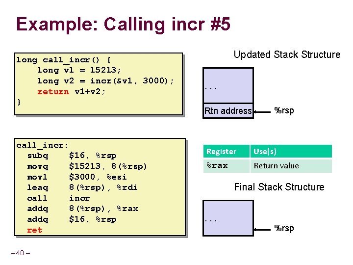 Example: Calling incr #5 long call_incr() { long v 1 = 15213; long v Example: Calling incr #5 long call_incr() { long v 1 = 15213; long v