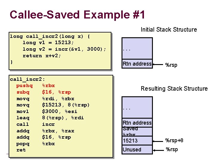 Callee-Saved Example #1 Initial Stack Structure long call_incr 2(long x) { long v 1 Callee-Saved Example #1 Initial Stack Structure long call_incr 2(long x) { long v 1