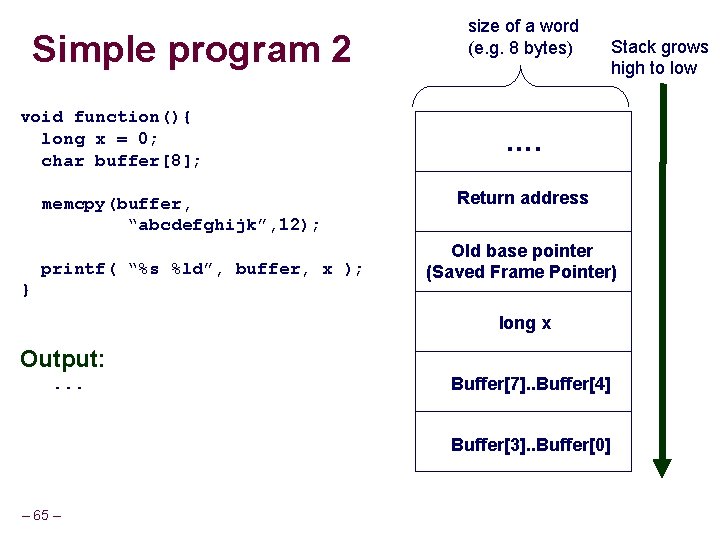 Simple program 2 void function(){ long x = 0; char buffer[8]; memcpy(buffer, “abcdefghijk”, 12);