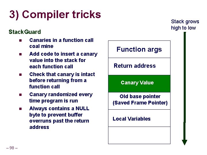 3) Compiler tricks Stack grows high to low Stack. Guard – 98 – Canaries 3) Compiler tricks Stack grows high to low Stack. Guard – 98 – Canaries